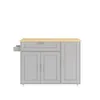 A kitchen island with a wooden top and gray cabinets, shown against a white background. Produktbild-Vorschau