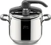 A stainless steel pressure cooker with a black lid and handles, shown from a front-side angle against a white background. Anteprima dell’immagine prodotto