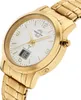 A close-up, angled view of a gold-colored wristwatch with a white face. Produktbild-Vorschau