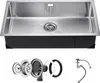 A stainless steel kitchen sink and its accessories are displayed against a white background. Anteprima dell’immagine prodotto
