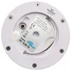 The underside of a white LED light fixture, showing a label with product information and a charging port. Produktbild-Vorschau