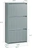 A gray shoe cabinet with three flip-down doors, showing dimensions. Náhled obrázku produktu