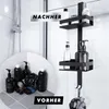 A split image showing a before and after of a shower caddy organizing toiletries. Produktbild-Vorschau