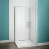 A shower cabin with a glass door and silver frame, set against a tiled wall and teal painted walls. Produktbild-Vorschau