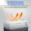 A portable cooler box with graphic arrows indicating heat dissipation and sun protection. Produktbild-Vorschau