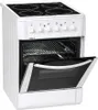 A white electric stove with its oven door open. Produktbild-Vorschau