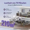 A diagram showing a multi-story house with a vacuum cleaner and information about its runtime and cleaning area. Produktbild-Vorschau
