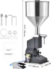 A pneumatic paste and liquid filling machine with accessories and dimensions shown. Náhled obrázku produktu