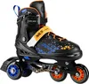 A black and orange inline skate with blue accents, shown from a front-side angle against a white background. Voir les images du produit
