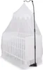 A white baby crib with a white mosquito net and a black canopy pole. Anteprima dell’immagine prodotto