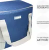 Close-up of a blue cooler bag with white handles and text overlays describing its features. Produktbild-Vorschau