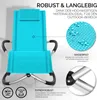 A blue beach chair with promotional text and close-up details of its features. Produktbild-Vorschau