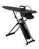 A black ironing board with an iron on top, set against a white background. Produktbild-Vorschau