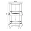 A technical drawing of a three-tiered serving cart with dimensions indicated. Voir les images du produit