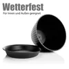 A black planter pot and its matching saucer are shown against a white background. Text indicating weather resistance and suitability for indoor/outdoor use is present. Produktbild-Vorschau