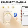 A diagram illustrating the pairing process of a wireless earbud with a smartphone, showing dimensions and compatibility icons. Produktbild-Vorschau