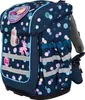 A navy blue children's backpack with a polka dot pattern and unicorn and rainbow decorations. Voir les images du produit