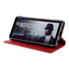 A red flip cover phone case with a Samsung Galaxy S8 phone inside, displaying a movie poster for 'The Inspector'. Produktbild-Vorschau