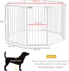 A white hexagonal pet playpen with dimensions indicated by red lines and text. A silhouette of a dog with a shoulder height measurement is also shown. Produktbild-Vorschau
