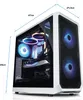 A white gaming PC with RGB lighting is shown with dimensions indicated. Produktbild-Vorschau