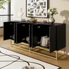 A modern black sideboard with gold legs is shown in a well-lit room, with some doors open to reveal storage space. Voir les images du produit