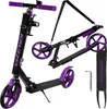 A black and purple KRUZZEL scooter is shown in two configurations, one assembled and one folded, along with accessories. Anteprima dell’immagine prodotto