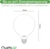 Diagram of a light bulb with dimensions and marketing text. Produktbild-Vorschau