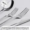 A close-up view of polished silverware, including a spoon, forks, and a knife, arranged on a light gray background. Produktbild-Vorschau