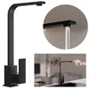 A collage of images showing a black kitchen faucet, a close-up of water flowing from the faucet, and a hand interacting with the faucet. Produktbild-Vorschau