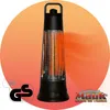 A black infrared heater with glowing heating elements, set against a gradient orange background. It has a handle on top and a protective metal grill. There are two logos on the left and bottom right. Produktbild-Vorschau