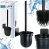 A collage of images showing a black toilet brush set with its packaging and close-ups of the brush and holder. Náhled obrázku produktu