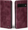 A burgundy flip-style phone case for a Google Pixel 6a is shown from two angles. Produktbild-Vorschau