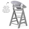 A high chair with a newborn set attached, shown from a side angle. Text is present on the left side of the image. Produktbild-Vorschau