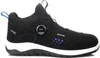 A black low-top safety shoe with blue accents and a white sole, shown from the side against a white background. Produktbild-Vorschau