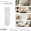 A collage showcasing a white bookshelf in various home settings: an office, a living room, a hallway, and a bedroom. Text overlays indicate the versatility of the product. Náhled obrázku produktu