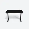 A black gaming desk with a curved front edge and two legs, shown from the front on a white background. Voir les images du produit