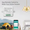 A smart switch module is shown with text promoting smart home features, a chandelier, and a scene of people camping with a smartphone displaying the app. Náhled obrázku produktu