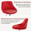 A split image showing two close-ups of a red bar stool, highlighting its seat and backrest features with descriptive text. Produktbild-Vorschau