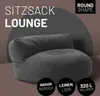 A dark gray beanbag chair with text overlays describing its features. Náhľad obrázku produktu