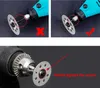 Close-up shots demonstrating the correct and incorrect attachment of a diamond cutting disc to a rotary tool and a drill. Produktbild-Vorschau
