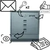 An illustration showing a mailbox with various icons and arrows indicating its features and usage. Produktbild-Vorschau