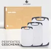 A product shot of three cutting boards of varying sizes, presented in front of their packaging box, with overlay text. Anteprima dell’immagine prodotto