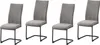 Four dining chairs with gray fabric upholstery and black metal legs are shown against a white background. Produktbild-Vorschau