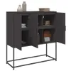 A dark gray highboard with open doors, displaying shelves with various items, set against a white background. Produktbild-Vorschau
