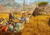 Two people riding on a creature in a dry, grassy landscape with mountains in the background. Náhled obrázku produktu