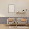 A modern living room scene featuring a gray sofa with orange accent pillows, a small wooden coffee table, and a wall decorated with vertical black and white stripes. Náhľad obrázku produktu