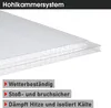 A close-up view of a transparent, multi-layered polycarbonate sheet, likely a roofing or glazing material, with text highlighting its features. Produktbild-Vorschau