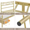 A collage of four close-up images showing different features of a gold metal bed frame. Produktbild-Vorschau