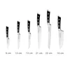 A set of six kitchen knives of varying sizes are displayed against a white background, with their respective lengths indicated below each knife. Náhľad obrázku produktu