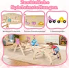 A collage of images showing different features of a wooden play structure for children, with a main image of children playing on it. Voir les images du produit